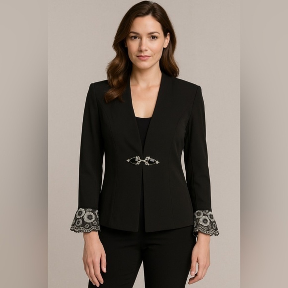 Nina Massini Black Blazer Jacket w/ Rhinestone Closure & Lace Cuff Size 10